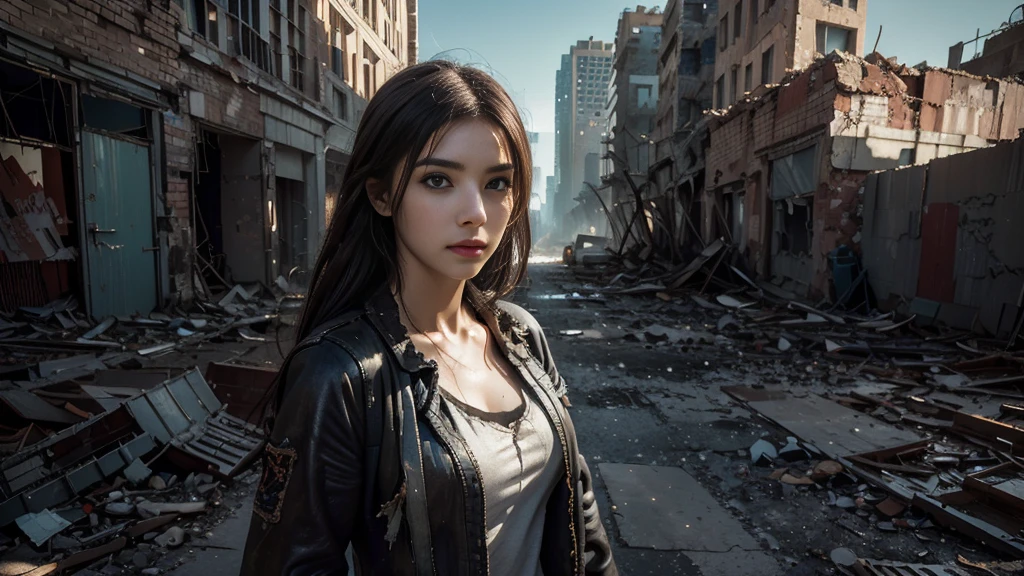 masterpiece, high resolution,8K,(Portrait Photos:1.5),(R Original Photo),Reality,Digital Photography,(Apocalyptic ruins ),City ruins，beautiful 20 year old woman，sentry， post-apocalyptic scene，Medium distance photography， torn clothes 