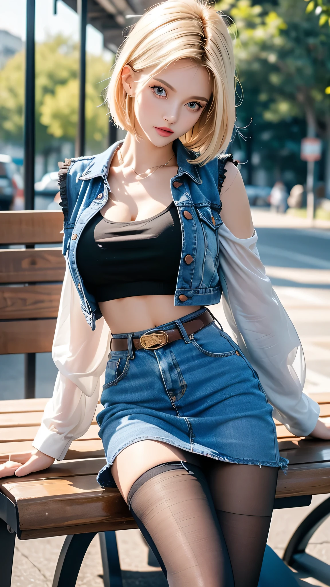 One girl,  Android 18, Blonde,  pretty and sexy girl, She wearing light blonde hair, Medium length shaggy cut hair, She have Very large breasts bouncing, Wearing a very short blue H-line denim skirt, Wearing a denim vest, The denim skirt and denim vest colors match, She Wear long sleeves, It has long sleeves with black stripes at regular intervals on a white background, She wears flesh-colored illusion pantyhose, The pantyhose she wears look like brown stockings, She wore pantyhose and wore white panties over them, wearing a women's Western cowboy-belt, wearing women's Western cowboy-boots, wearing a black t-shirt that exposes deep cleavage, No bra, breast areolas outside a black T-shirt, clearly exposed, She is sitting on the bench, She holds the lower part of her right thigh with one hand, Raises her right thihh, She puts her raised leg on the side of the bench, Her legs are spread, So the denim skirt is pushed up her thigh, The shiny white panties above the pantyhose she is wearing are visible thanks to the raised denim mini skirt and her right thigh, Her panties are slightly visible, She gives me a tempting look, Full of anticipation, She winks with her left eye, boldly and fascinatingly winks her left eye and stares at me intently, bench, outdoor park, four trees around, clear sky, masterpiece