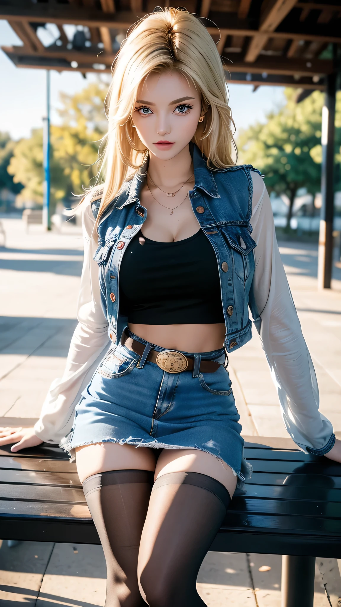 One girl,  Android 18, Blonde,  pretty and sexy girl, She wearing light blonde hair, Medium length shaggy cut hair, She have Very large breasts bouncing, Wearing a very short blue H-line denim skirt, Wearing a denim vest, The denim skirt and denim vest colors match, She Wear long sleeves, It has long sleeves with black stripes at regular intervals on a white background, She wears flesh-colored illusion pantyhose, The pantyhose she wears look like brown stockings, She wore pantyhose and wore white panties over them, wearing a women's Western cowboy-belt, wearing women's Western cowboy-boots, wearing a black t-shirt that exposes deep cleavage, No bra, breast areolas outside a black T-shirt, clearly exposed, She is sitting on the bench, She holds the lower part of her right thigh with one hand, Raises her right thihh, She puts her raised leg on the side of the bench, Her legs are spread, So the denim skirt is pushed up her thigh, The shiny white panties above the pantyhose she is wearing are visible thanks to the raised denim mini skirt and her right thigh, Her panties are slightly visible, She gives me a tempting look, Full of anticipation, She winks with her left eye, boldly and fascinatingly winks her left eye and stares at me intently, bench, outdoor park, four trees around, clear sky, masterpiece