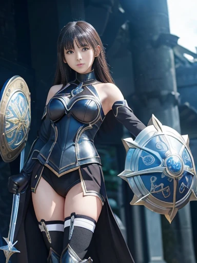 Fate/Grand Order, Mash Kyrielight, heroic spirit equipment, legs spread forward and backward, standing, shield held up, ((masterpiece)), ((best quality)), (ultra-detailed), ((beautiful eyes)), Japanese female, (slender), ((30 years old)), beautiful, gloves, bare shoulders, elbow gloves, armor, black armor,