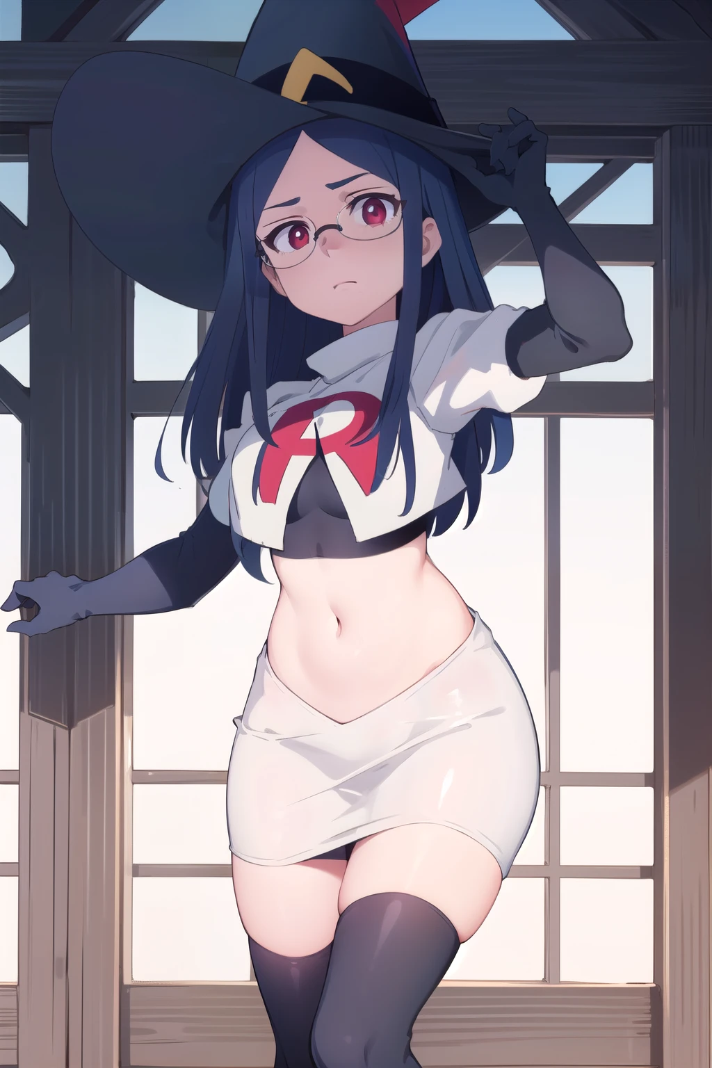 (((pixel-perfect, detail-perfect))), solo, 1girl, ursula callistis, witch, looking at viewer, glasses, team rocket,team rocket uniform,white skirt,red letter R,crop top,black thigh-highs,black elbow gloves, witch hat, cowboy shot,