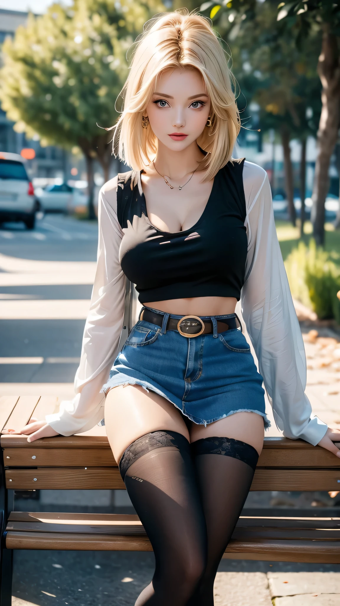 One girl,  Android 18, Blonde,  pretty and sexy girl, She wearing light blonde hair, Medium length shaggy cut hair, She have Very large breasts bouncing, Wearing a very short blue H-line denim skirt, Wearing a denim vest, The denim skirt and denim vest colors match, She Wear long sleeves, It has long sleeves with black stripes at regular intervals on a white background, She wears flesh-colored illusion pantyhose, The pantyhose she wears look like brown stockings, She wore pantyhose and wore white panties over them, wearing a women's Western cowboy-belt, wearing women's Western cowboy-boots, wearing a black t-shirt that exposes deep cleavage, No bra, breast areolas outside a black T-shirt, clearly exposed, She is sitting on the bench, She holds the lower part of her right thigh with one hand, Raises her right thihh, She puts her raised leg on the side of the bench, Her legs are spread, So the denim skirt is pushed up her thigh, The shiny white panties above the pantyhose she is wearing are visible thanks to the raised denim mini skirt and her right thigh, Her panties are slightly visible, She gives me a tempting look, Full of anticipation, She winks with her left eye, boldly and fascinatingly winks her left eye and stares at me intently, bench, outdoor park, four trees around, clear sky, masterpiece