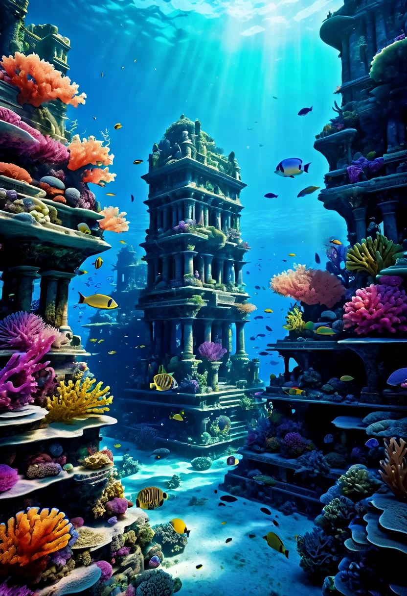 detailed underwater ancient sunken city, detailed architectural ruins, detailed coral reef, detailed schools of fish, detailed seaweed, ethereal lighting, vibrant colors, dramatic lighting, photorealistic, intricate details, 8k, high resolution, masterpiece, cinematic, sweeping landscape, atmospheric, dramatic, fantasy, surreal