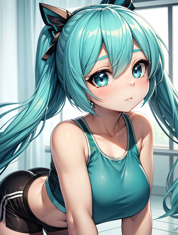 hatsune miku wearing galaxy printed leggings with a cameltoe, galaxy printed sports bra, cleavage, breasts, tight clothes, teen girl, cute, covered nipples
