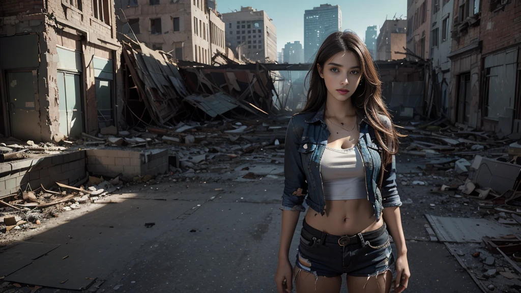 masterpiece, high resolution,8K,(Portrait Photos:1.5),(R Original Photo),Reality,Digital Photography,(Apocalyptic ruins ),City ruins，beautiful 20 year old woman，sentry， post-apocalyptic scene，Medium distance photography， torn clothes 