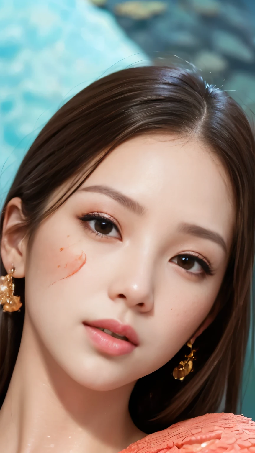 1 female、( VERY BEAUTIFUL)、( Facial beauty:1.6)、( detailed face :1.5)、( detail eyes sitting on a coral reef:1.1)、( Detailed Lips :1.1)、(Detailed nose:1.1)、( brown hair on the abdomen)、(Figure skating )、(she' the only person skating at the rink:1.2)、( Anatomically correct movement :1.3)、( blue costume)、(white under a skirt :1.2)、(Clothes:1.5)、( pops out of a skating rink 、audience )、(At S.F.W.:1.5)