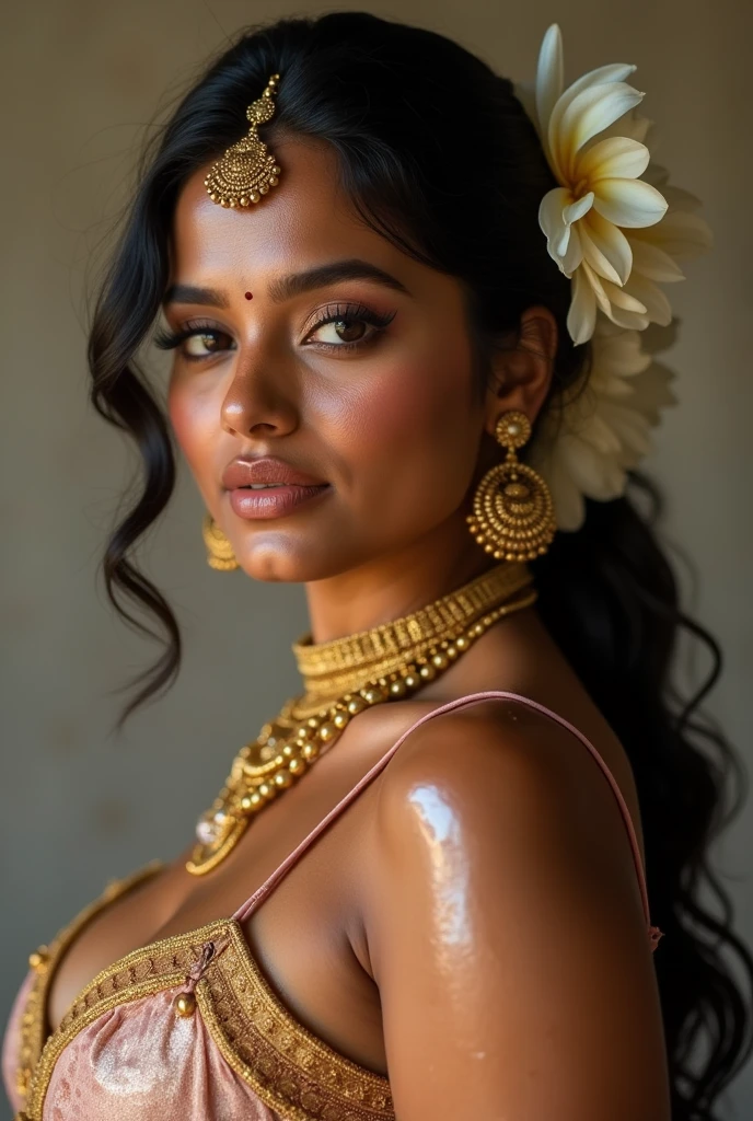 Extremely gorgeous, round face, shoot for a famous cosmetics brand, shoot for top health magazine cover Page, bold photoshoot, bold looks, body positivity, dark skin, stunning beauty, ravishing, spicy hot, sizzling hot, sensual shoot, artistic sensual photograpy, thick figure, curvy, Thick navel, sexy tempting lady, sexy navel folds, fleshy figure, woman with a flower in her hair and a flower in her hair, closeup portrait shot, movie stills photography, traditional beauty, body sweat, glistening skin, skin texture, skin pores, traditional clothes , traditional female hairstyles, pretty face!!, shot on sony alpha dslr-a300, indian woman with brown skin, indian goddess, traditional makeup, movie stills, actress, close - up portrait shot, detailed portrait shot, ultra HD, hyper realistic, hyper realistic skin, High level professional photography, insane details, freckles 0.1, beautymarks, real photograph, add every possible elements to make the photo as real photograph,