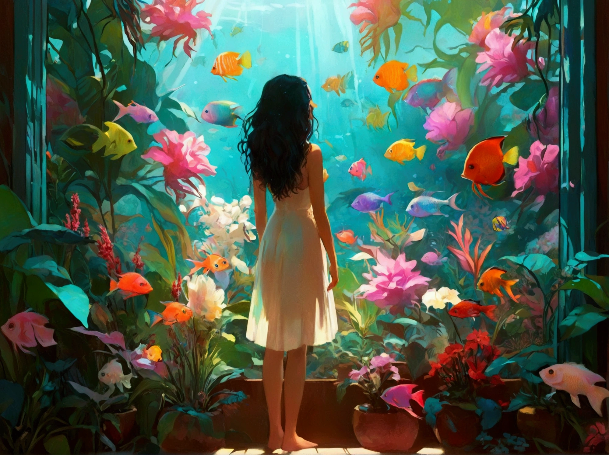 Woman standing in a room with a window with lots of flowers and plants ,  There are lots of colorful tropical fish swimming in the water outside the window、🌺 CGSociety,  by Mike Winkelman ,  dreamy digital paint ,  Beeple and Jeremiah Kettner ,  Colorful Digital Fantasy Art,  Fantasy Painting Style , Fantasy Art Behance, CGSociety saturated colors,  digital fantasy art ,  Brilliant Fantasy Style , Dreamy surrealism