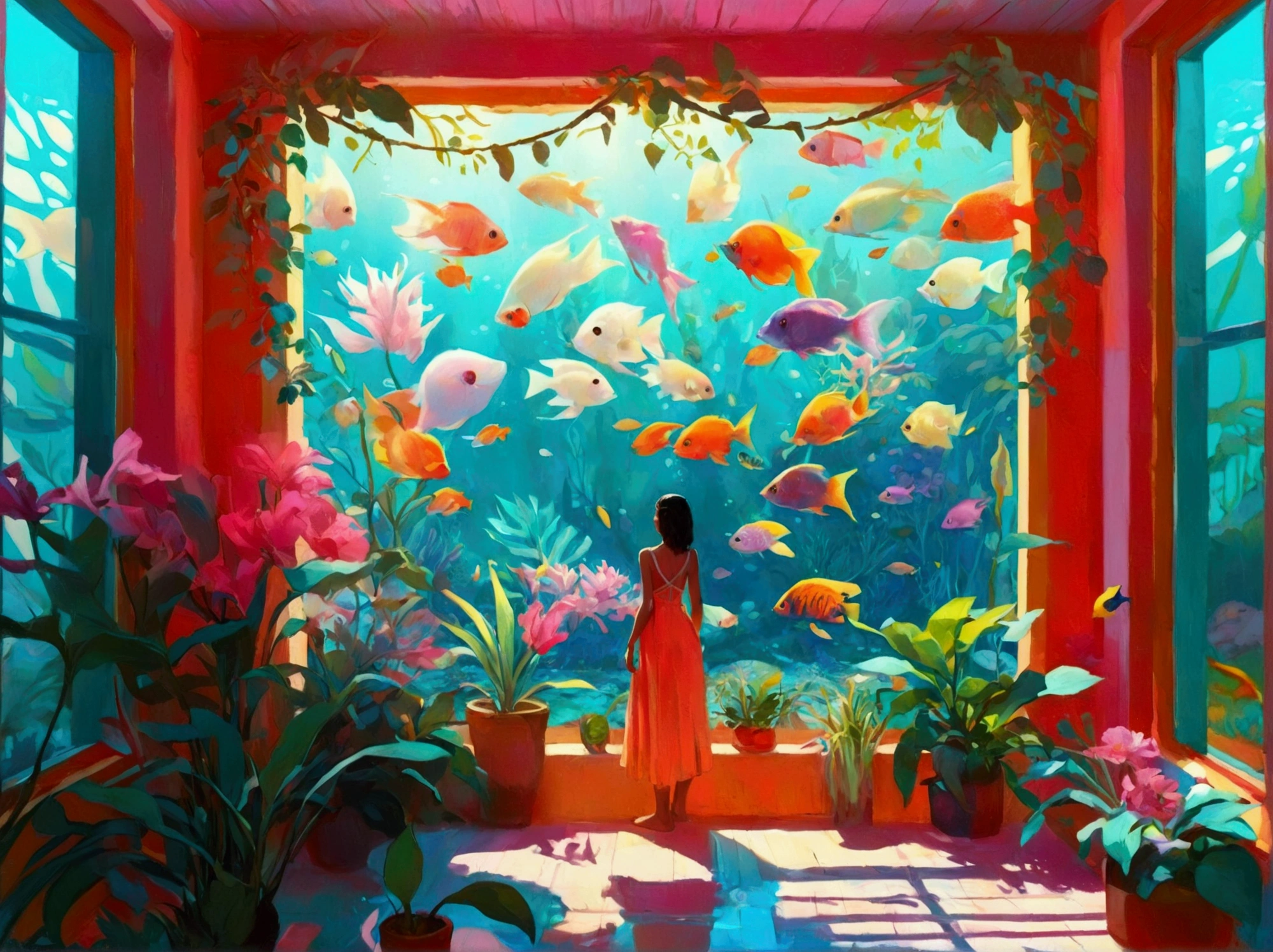 Woman standing in a room with a window with lots of flowers and plants ,  There are lots of colorful tropical fish swimming in the water outside the window、🌺 CGSociety,  by Mike Winkelman ,  dreamy digital paint ,  Beeple and Jeremiah Kettner ,  Colorful Digital Fantasy Art,  Fantasy Painting Style , Fantasy Art Behance, CGSociety saturated colors,  digital fantasy art ,  Brilliant Fantasy Style , Dreamy surrealism