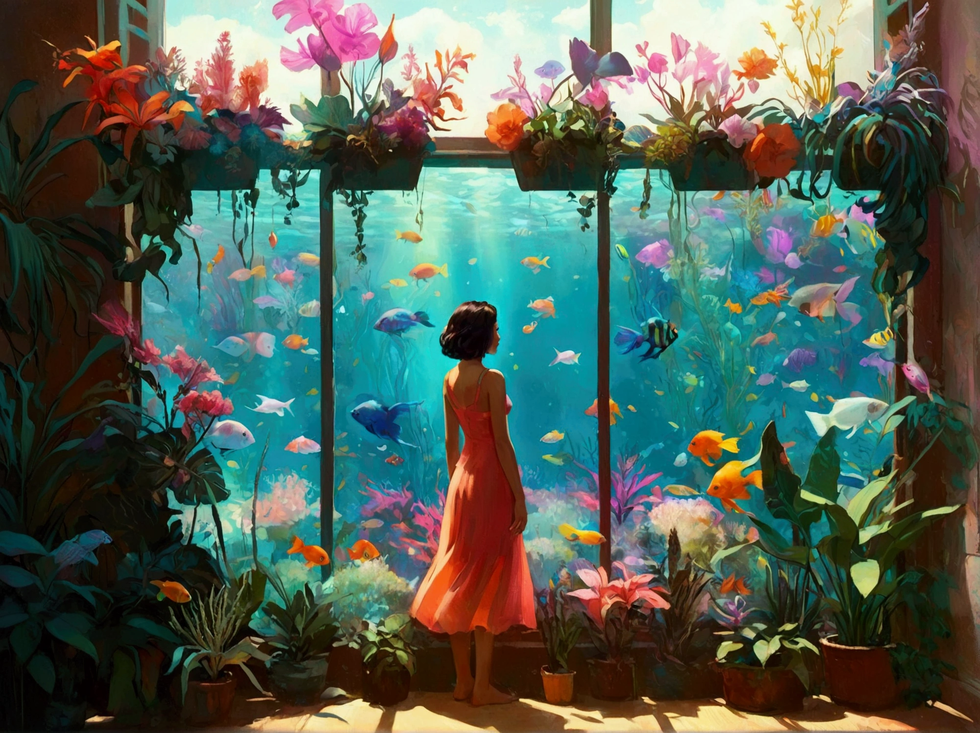 Woman standing in a room with a window with lots of flowers and plants ,  There are lots of colorful tropical fish swimming in the water outside the window、🌺 CGSociety,  by Mike Winkelman ,  dreamy digital paint ,  Beeple and Jeremiah Kettner ,  Colorful Digital Fantasy Art,  Fantasy Painting Style , Fantasy Art Behance, CGSociety saturated colors,  digital fantasy art ,  Brilliant Fantasy Style , Dreamy surrealism