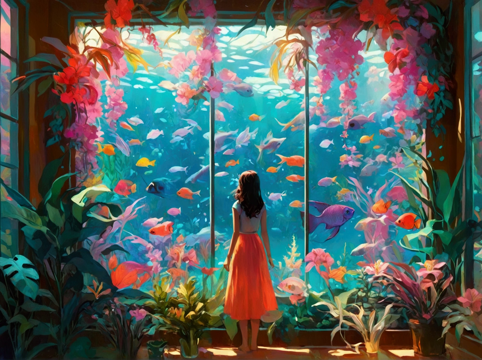 Woman standing in a room with a window with lots of flowers and plants ,  There are lots of colorful tropical fish swimming in the water outside the window、🌺 CGSociety,  by Mike Winkelman ,  dreamy digital paint ,  Beeple and Jeremiah Kettner ,  Colorful Digital Fantasy Art,  Fantasy Painting Style , Fantasy Art Behance, CGSociety saturated colors,  digital fantasy art ,  Brilliant Fantasy Style , Dreamy surrealism