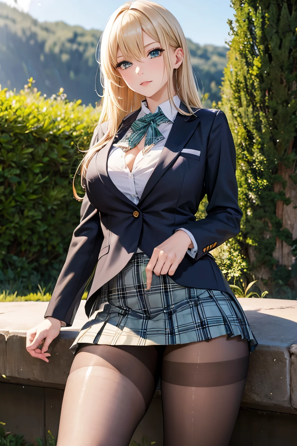 (jambes grasses), ((landscape)), (large breast), ((perfect hands)), ((glossy pantyhose)), (finely detailed eyes and detailed face:1.3), (extremely fine and beautiful:1.1), (Perfect details:1.1), Sena Kashiwazaki, blond hair, long hair, hair ornament, black neckerchief, blazer, green jacket, plaid skirt, green skirt (no cleavage), ((glossy pantyhose)), (view from below)