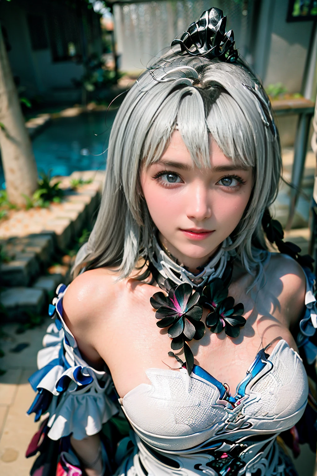 ((High quality)),masutepiece,(Detailed depiction of local details:1.2),1girl in,Blue eyes,large full breasts,Closed mouth,Eyelashes,Looking at Viewer,Portrait,Solo,Upper body,White hair,White theme,Yovoya, Golden Rose