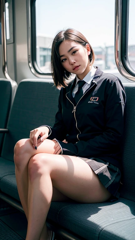 Masterpiece, High Resolution, Ultra High Resolution, 4K, Black bob Hair, Japanese Girl, Uniform Skirt, Highlighted Thighs, White Thighs, Soft Thighs, Shiny Thighs, Sitting on Train, Face to Face Angle, Angle from Below, Sitting on Train Seat, Sitting in Front, Camera Zoom to Hip Joint, Feet on Train Floor, Full Body, Looking Down and Sleepy, Looking Only at the Viewer, Top Quality, Ultra High Resolution, Photorealistic, High Resolution, Detailed, Raw Photo, Sharp, Nikon Film Stock Photo, Lens Rich Colors, Ultra Realistic and Lifelike Textures, Dramatic Lighting, Unreal Engine,