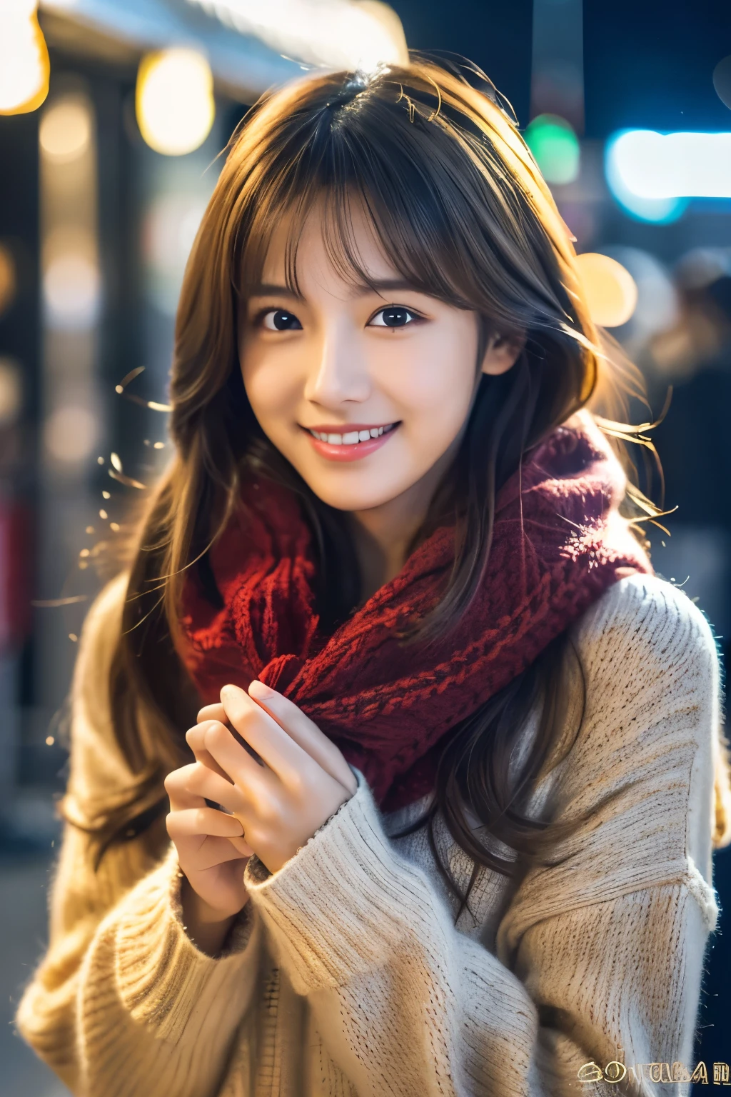 ( detailed skin:1.2),( shiny skin:1.1),8k, best quality , masterpiece超高解像度,(Realistic:1.4), RAW Photos,( soft saturation:1.3),Upper body shot、( white skin:1.2), 1. Japanese Idols, compensate,(lipstick),( eyeliner ), Brown Eyes , (looking at viewer), 1, detailed face , perfect female body from a perspective, Long Hair、 light brown hair, 非常に detailed face , ( depth of field), red knit scarf and sweater, Convenience store at night,【masterpiece best quality , Moody Lighting, Blue Hour, viewers、 has a smiling face
