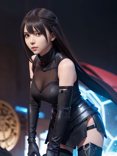 Fate/Grand Order, Mash Kyrielight, gloves, bare shoulders, elbow gloves, armor, black armor,, legs spread back and forth, standing, shield., ((masterpiece)), ((best quality)), (ultra-detailed), ((beautiful eyes)), Japanese female, (slender), ((30 years old)), beautiful,