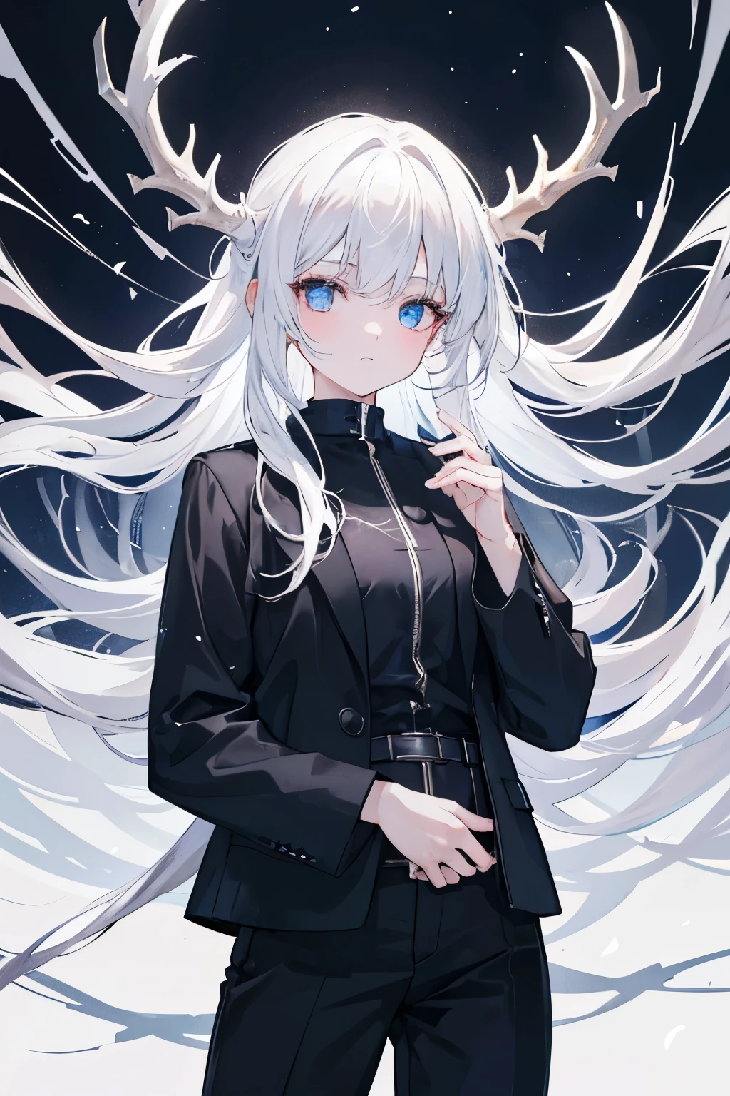 Girl with medium length white hair and dark black shirt, jacket, and pants, beautifully ice skating in the woods in the moonlight on dark and glistening ice, night, alone, dramatic, ethereal, full of emotion, stag jump, far from viewer, not looking at the viewer.