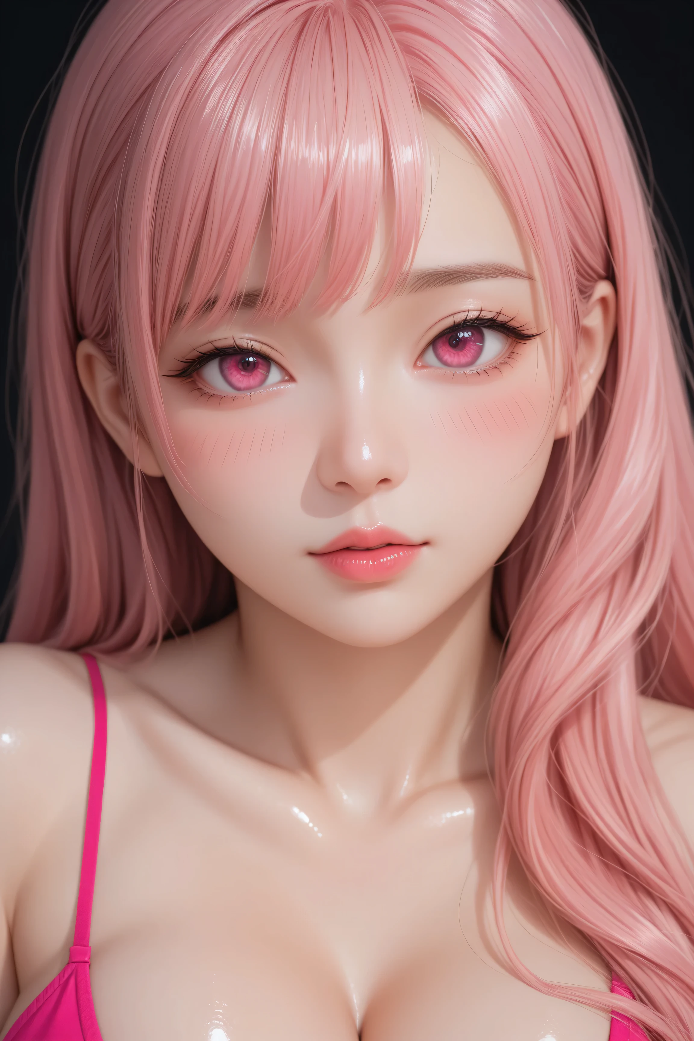 One asian girl, big breasts, cleavage, ((neon pink monochromatic color palette)), sexy pose, big pink eyes, ulzzang, portrait, (anime), manga, sexy, submissive, ((seductive)), ((heavy blushing)), shy, tease, 8ｋ, Highest quality, masterpiece, Sharp focus, ((shiny skin)), ((naughty girl)), black background, 
