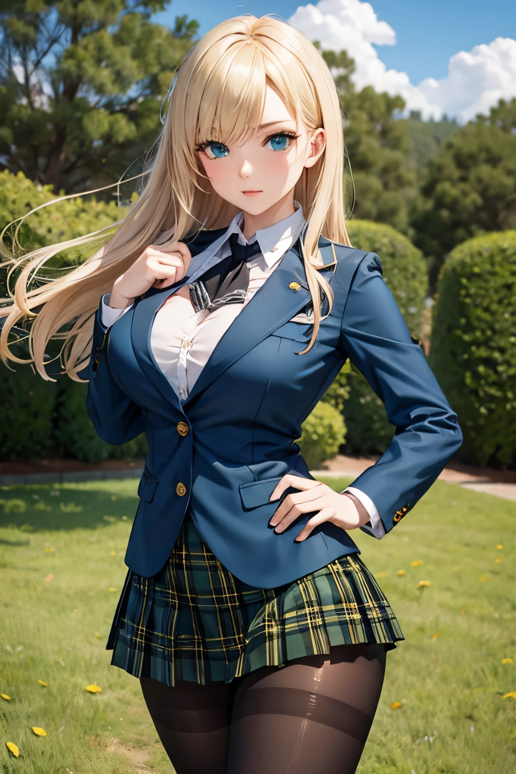 (jambes grasses), ((landscape)), (large breast), ((perfect hands)), ((glossy pantyhose)), (finely detailed eyes and detailed face:1.3), (extremely fine and beautiful:1.1), (Perfect details:1.1), Sena Kashiwazaki, blond hair, long hair, hair ornament, black neckerchief, blazer, green jacket, plaid skirt, green skirt (no cleavage), ((glossy pantyhose)), (view from below), sexy legs