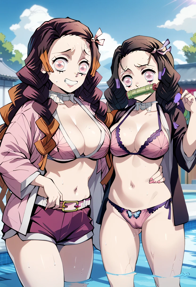 ,Mitsuri Kanroji and Nezuko Kamado, of Kimetsu no Yaiba, together in a pool, Nezuko Kamado is wearing purple butterfly-shaped panties, a wet white blouse, and a normal body shape. Mitsuri Kanroji who is wearing a sensual red bikini, standing in a sensual pose with a nervous face who is wearing very tight lycra shorts that show her vagina, and a tight top, who has big breasts, showing a worried face. Different poses and places. 4K, no distortion.