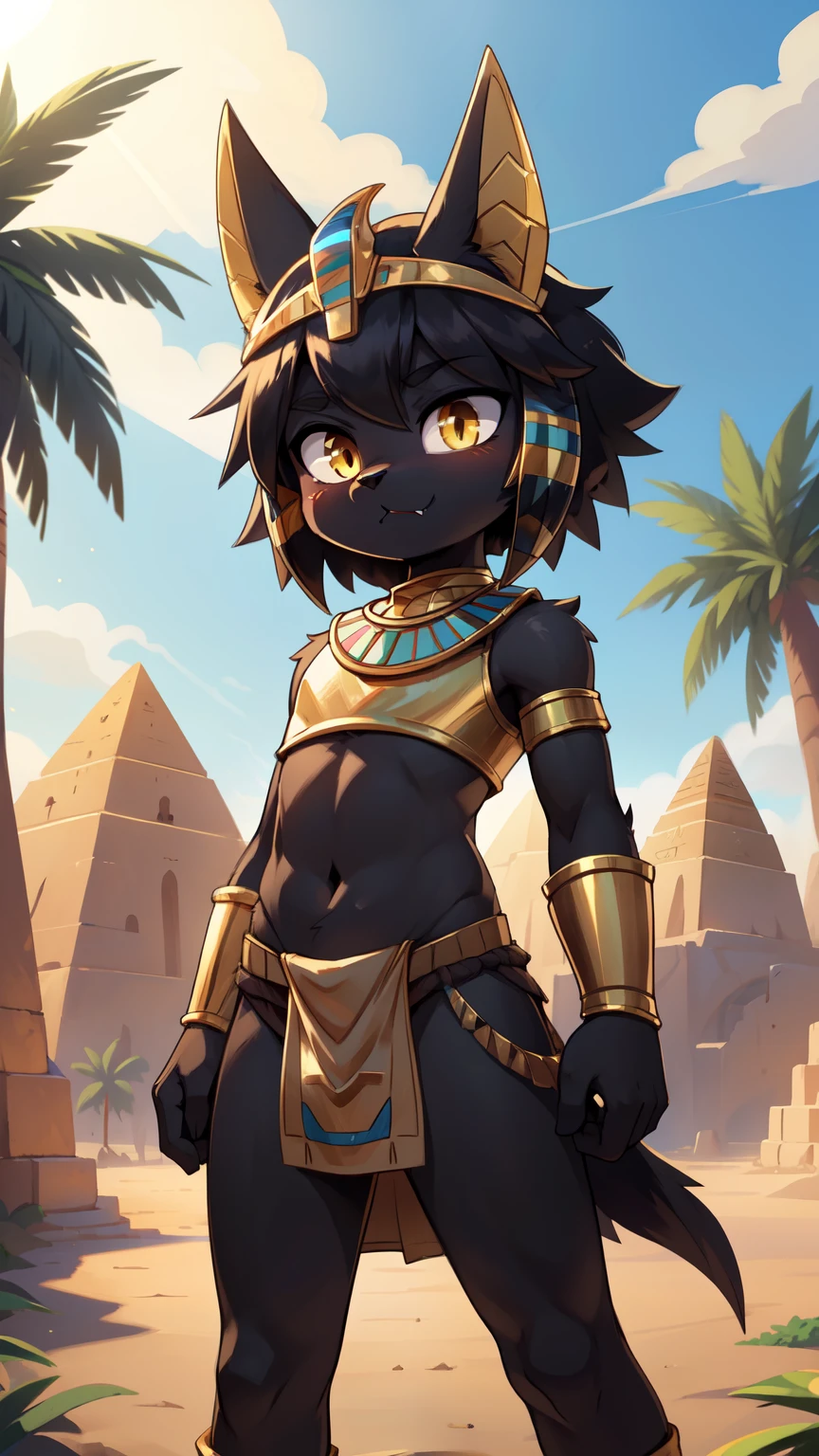 score_9,score_8_up,score_7_up, source_cartoon, source_furry, Anubis, Furry shota, jackal, black hair, short spiky hair, yellow eyes, detailed body fur, ((minuscule Egyptian antique clothes, cute sexy and almost naked, gold crop top armor, midriff, gold helmet, loincloth)), masterpiece, looking at you, fangs, black body fur, detailed face, big eyebrows, detailed eyes, detailed body, detailed body fur, detailed hands, flat body, glistering body, shiny body, skinny, perfect lighting, perfect shadows, perfect eyes, perfect hair, perfect face, gorgeous body, solo, :3, full body, feets with three toes, desert, oasis, palm tree, clear sky, motion blur, standing,