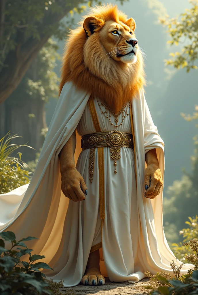 If the star sign leo was a lion shifter, hes very regal he wears a crown and has a golden lined print robe and his main color accent is white his mane is wavy and looks like fire he has lose robes and doesnt really care about how regal he looks he just wears them for comfort his robes are white and his mane is fire his entire body is lion he has lion head arms and legs and chest