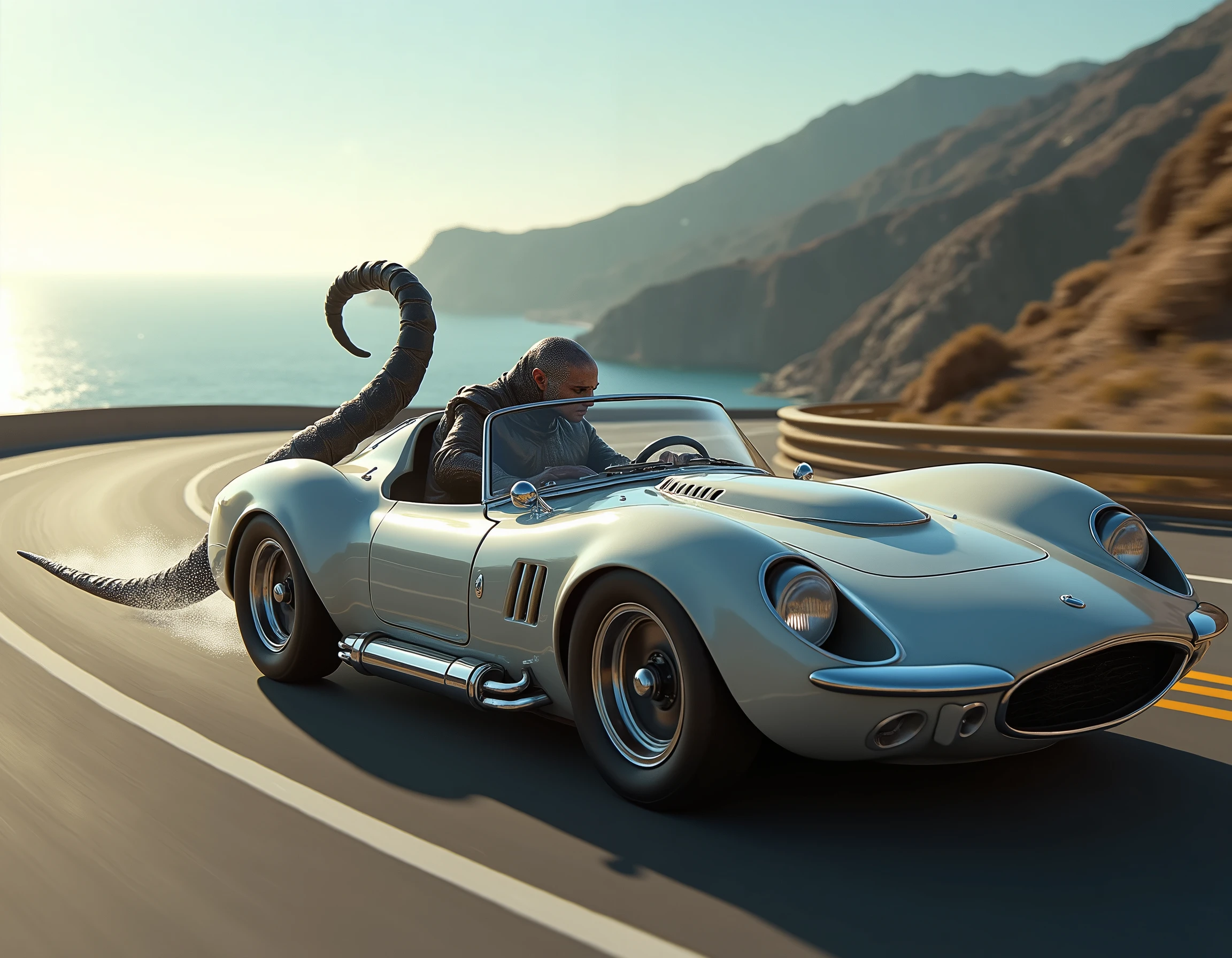 There is a man driving a silver sports car on the road - SeaArt AI
