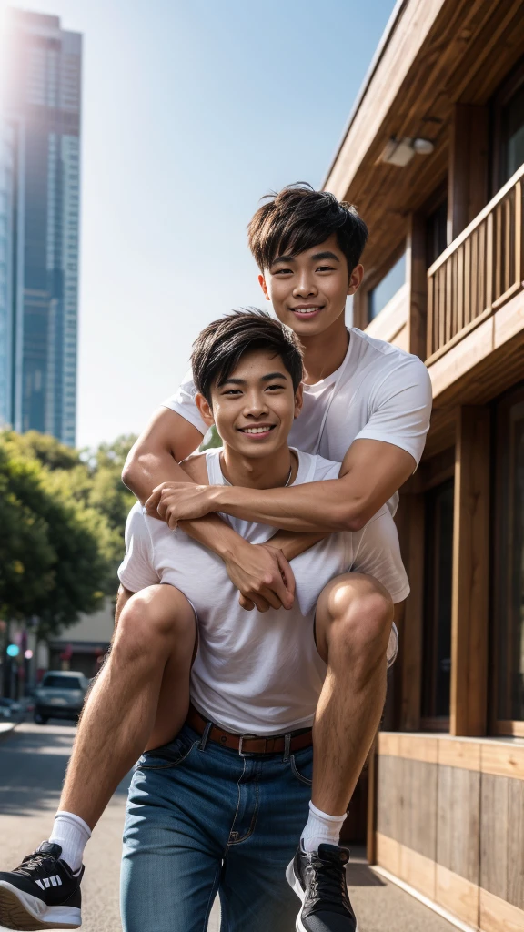 full body of two young muscular tanned Japanese high school male boys, (two boys:1.37), outdoors skyscraper, (piggybacking, sweat, detailed facial features, detailed body, detailed hands, from front, sunshine:1.37), (8k, best quality, masterpiece:1.37)