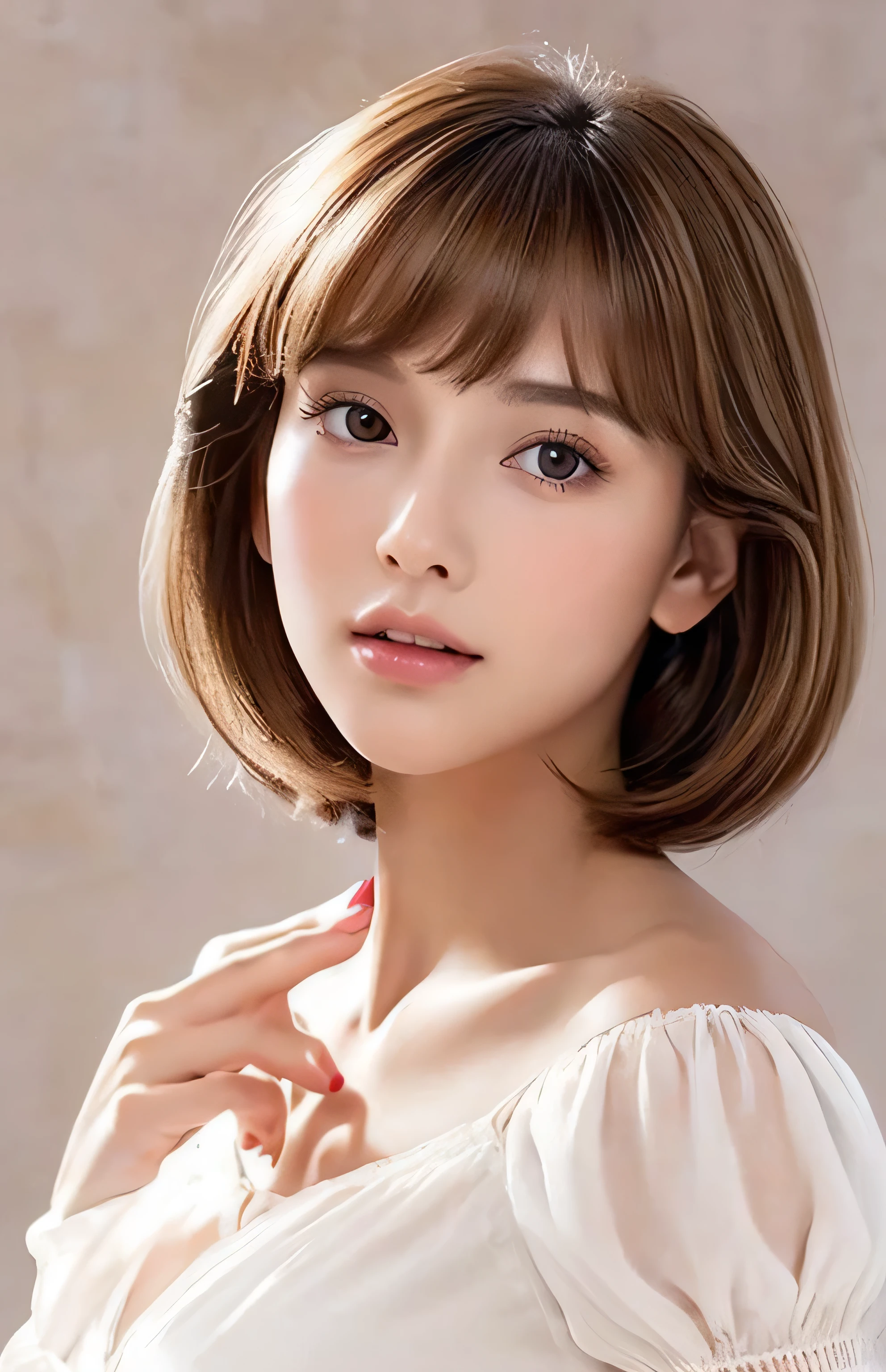 masterpiece, highest quality, High resolution, wallpaper, realistic, (bright lighting:1.4), professional lighting, face light, smooth lighting, (shoot from front:1.8), 1 girl, cute, sleepy, open mouth to say something, shy, Beautiful girl, sexy, super beautiful, beautiful skin, beautiful and detailed eyes、detailed face、slim、moderately, short hair, brunette colored hair, brown eyes, Professional Photography,