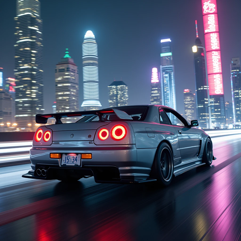 running sports car,  very realistic photo :1.331, silver metallic skyline gtr,  running through a cyberpunk night city, Shining skyscrapers, "15-34" license plate piloted by a woman, Tail lamp afterimage, 