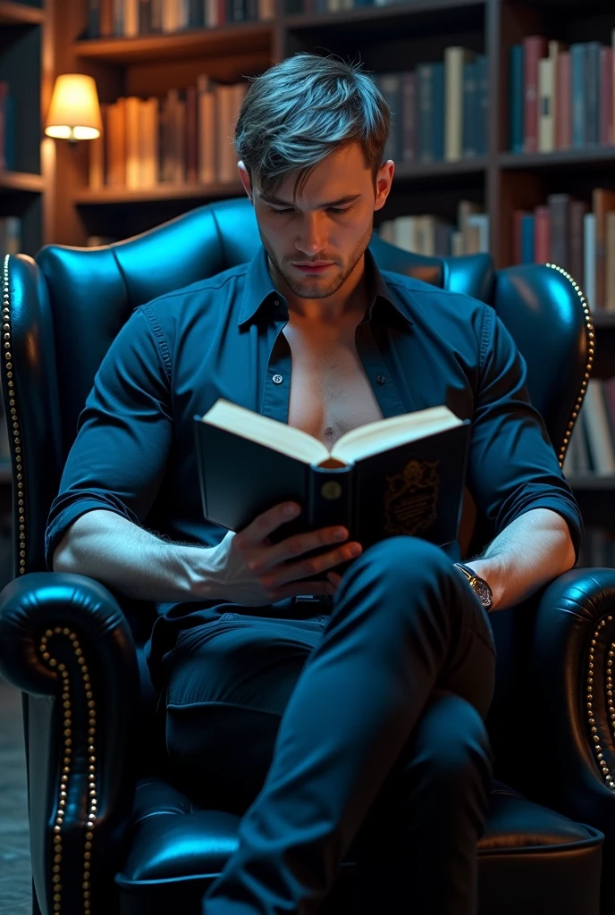Handsome young man sitting in his study in his victorian mansion 