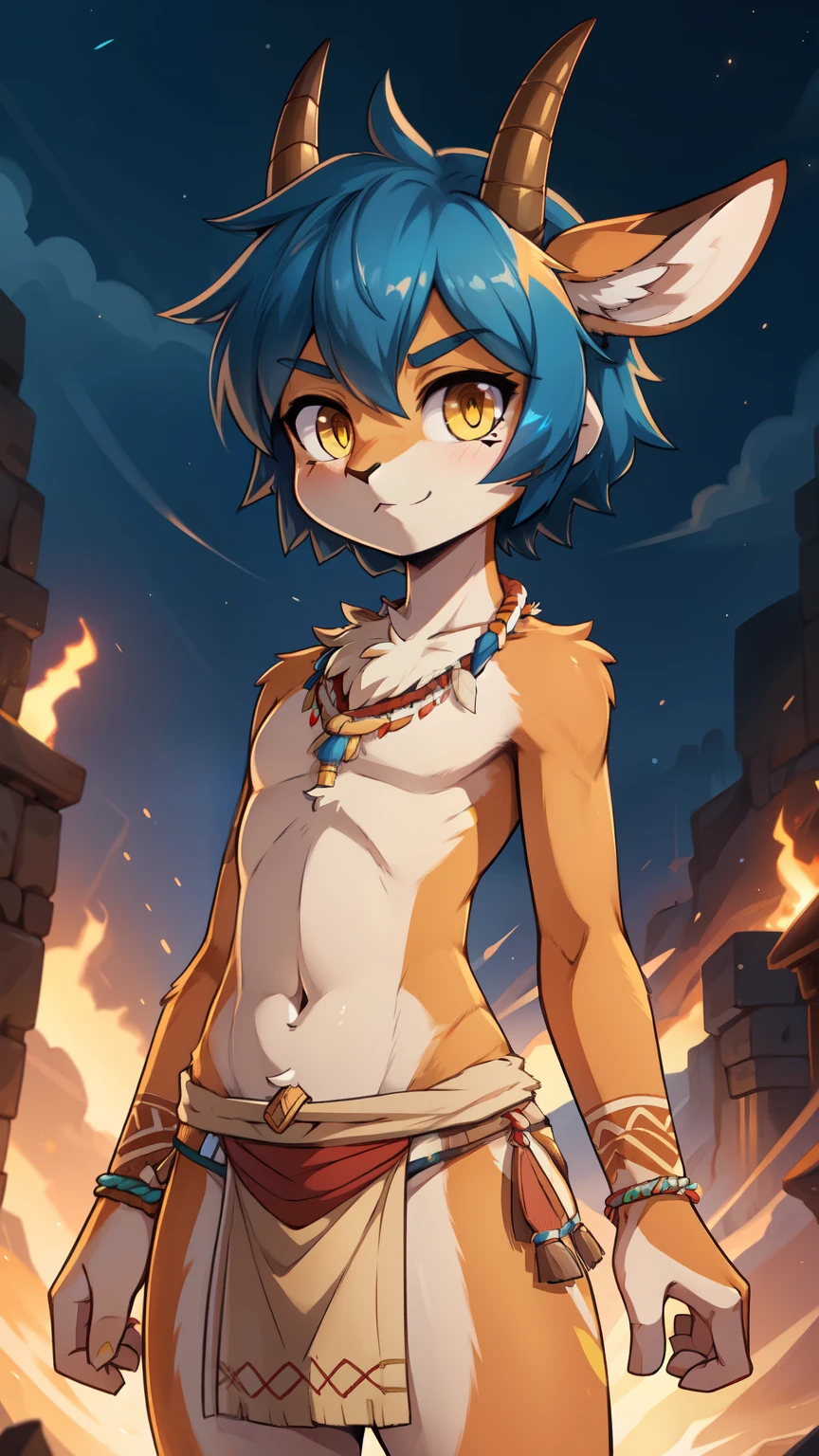 score_9,score_8_up,score_7_up, source_cartoon, source_furry, Furry shota, gazelle, blue hair, disheveled thick hair, short hair, brown curved horns, yellow eyes, detailed body fur, ((tribal small loincloth, tribal adorns)), looking at you, orange body fur, detailed face, big eyebrows, detailed eyes, detailed body, detailed body fur, detailed hands, flat body, glistering body, shiny body, skinny, :3, looking at you, glow throughout the scene, sabannah, clear sky, solo, masterpiece, gazelle ears, motion blur, thick outline, anthropomorphic, countershading, solo, :3, 