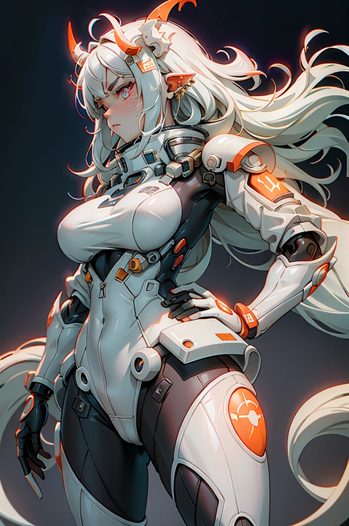 ((Best quality)), ((perfect masterpiece)), (detailed: 1.4), (Absurd), (((full body, curvy body, enormously gigantic tits, cleavage showing)), (((platinum white hair woman))), 21-year-old woman, Beautiful sexy busty woman, giant robot pilot, wild with perfect curvy body, wearing mecha battle armor little clothing, tiny thong, clothing with Japanese cyberpunk graphic patterns, halftone pattern and vertical stripes, earth tone, coming out of the body of a giant robot