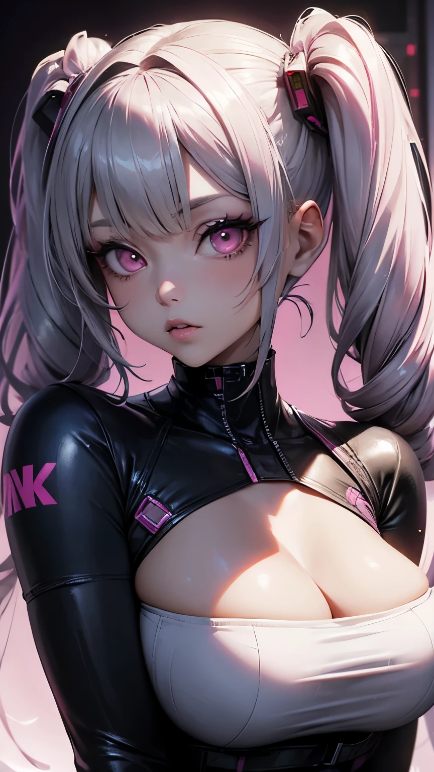 Masterpiece, best quality, 1 girl, solo, cyberpunk style makeup, silver asymmetrical hairstyle, long bangs on one side, anime style, pink eyes, blurry eyes, pink lower lip, princess with high pigtails, sideways, big breasts, shirt, pink background, cleavage