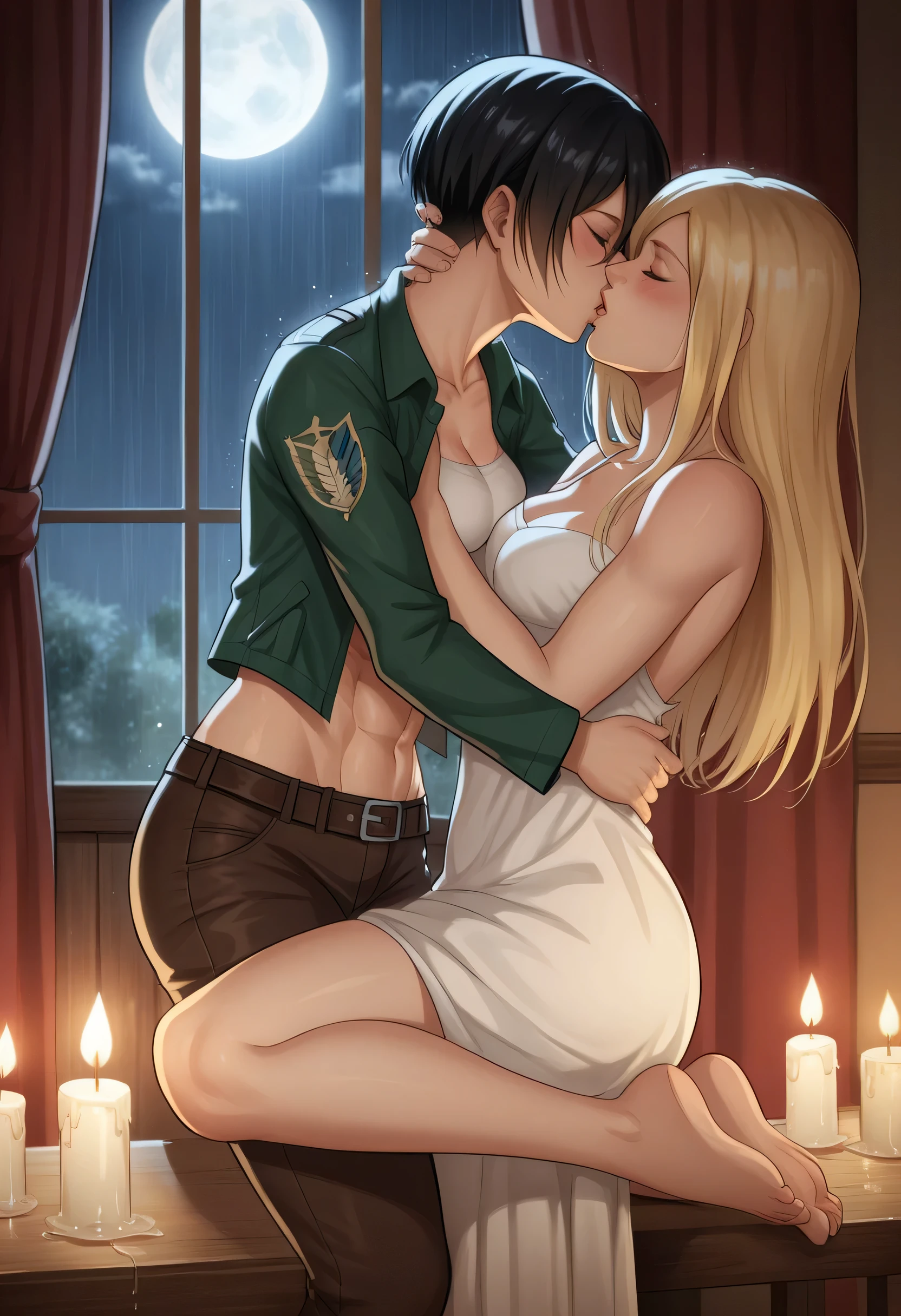 score_9, score_8_up, score_7_up, BREAK source_anime, historia reiss, blue eyes, blonde hair, long hair, medium breasts, long white dress sleeveless,female black hair soldier hugs historia,Mikasa with historia hugs,mikasa wreanig open green jacket and black combat pants,Mikasa female with short hair,mikasa female medium breasts,eyes closed,in night,moon in sky,mikasa final season,mikasa,Mikasa hugs historia،mikasa femboy,mikasa final season,historia blonde hair,hugs and kissing,mikasa carrying historia and kissing her,Mikasa lifts Historia up and kisses her.in middle night,raining outside,mikasa final season,girls kissing,girl×girl,lesbians,yuri,romantic wallpapers,historia sitting on mikasa and kissing her,Mikasa in both hands touch historia ass, raining outside the room,mikasa final season design,character's from season 4,historia enjoyed while kissing mikasa, both,one of Historia hands touch mikasa abs,romantic kissing,mikasa pixie cut hairstyle,Serious love,inside room,dark room,candle light in room,HD WALLPAPER,perfect colors,Shining on character's hair,Shining body's,Barefoot both characters 