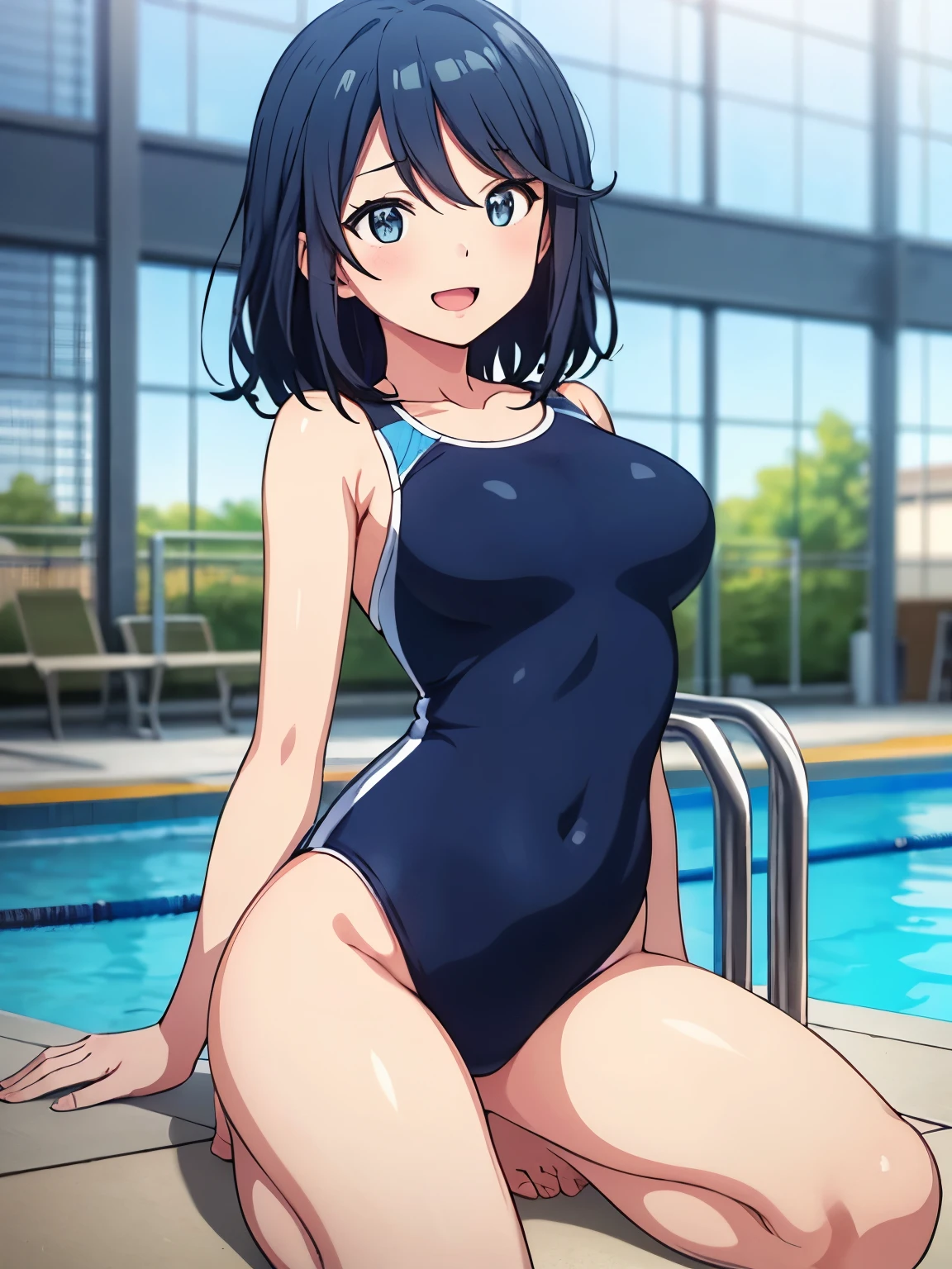 ((masterpiece, Best Quality, Very detailed, Very nice 8K CG wallpaper)), A little thick, Long Hair, Navy Blue Hair, Short Hair, Dark blue eyes、Competition swimsuit、Large bust、Cute expression、Inside the school pool、discovery、One Girl、whole body、Hoshino Ichika、Bust size: D cup、full body shot