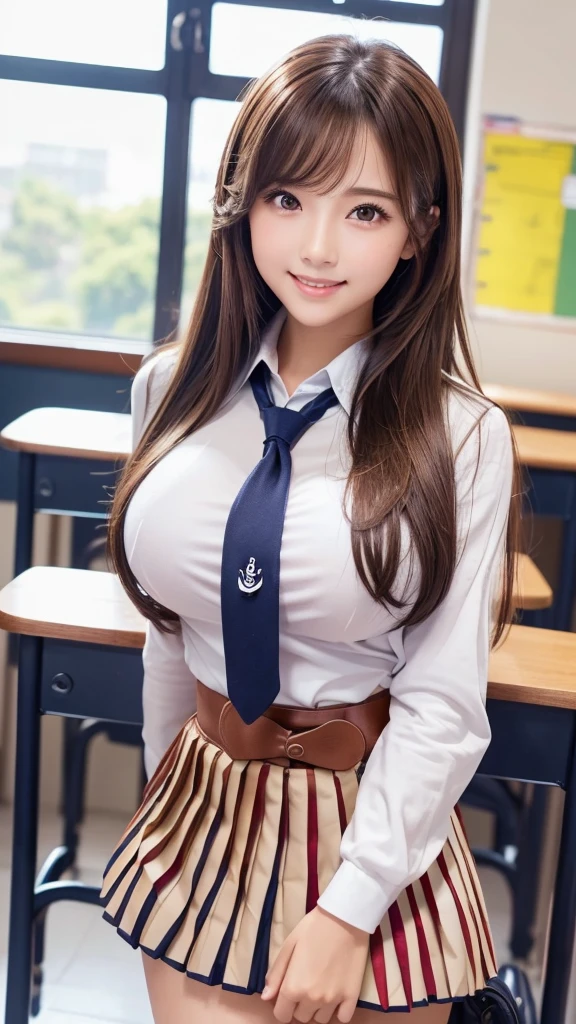 (1girl), Brown hair, Amazing face and eyes, Pink eyes, (High school uniform with wide open breasts:1.1), Beautiful big breasts, bared chest, (amazingly beautiful girl), Brown hair, (High School Uniform, Pleated mini-skirt:1.5), ((Best Quality)), (Ultra-detailed), (extremely detailed CG unified 8k wallpaper), Highly detailed, High-definition raw color photos, Professional Photography, sitting, ((spread your legs)), (view from below:1.2),