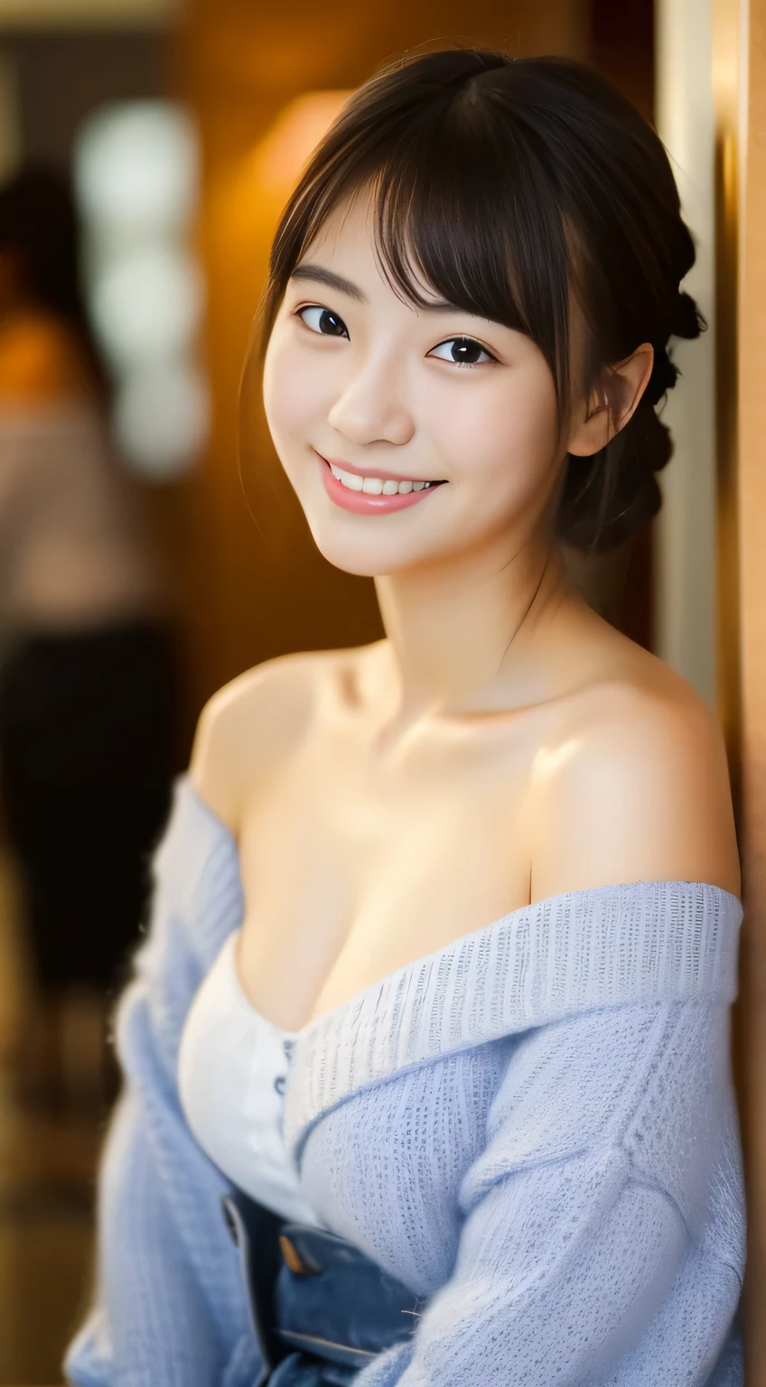 masterpiece,best quality,(Japanese girl),((Beautiful girl)),cleavage,(off shoulder:1.2),(perfect body beauty:1.2),(shy smile),From slightly above