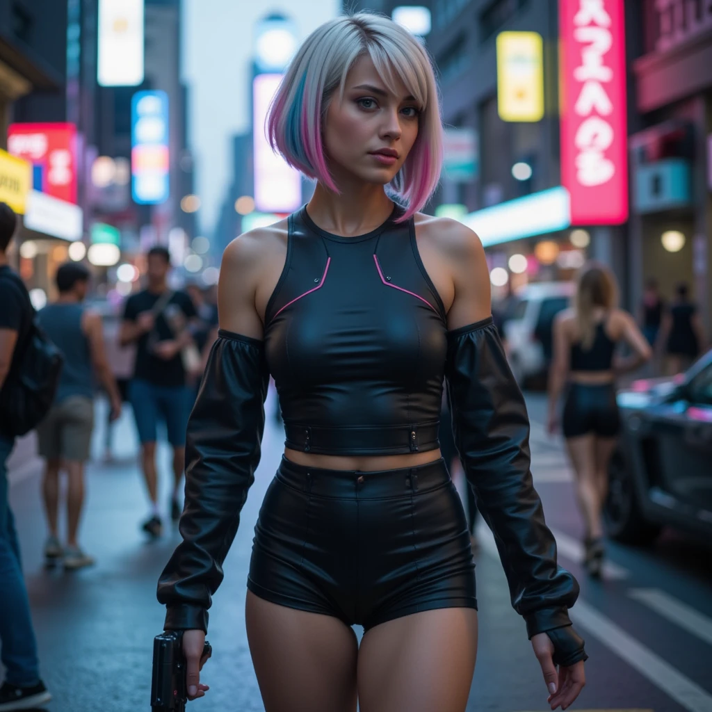 "Ultra-high resolution, UHD, ultra-detailed, hyper-realistic skin texture, high-quality rendering, photorealistic portrait of a character named Lucy from cyberpunk edge-runner, . She has a choppy bob hairstyle with asymmetrical, pure white hair styled in layered fashion, featuring short pink and blue highlights. (One side of her hair is longer, reaching her shoulder, while the other side is shorter, stopping at her neck:2.5)", she is walking with a gun in her hand, full body view, neon lights, cyberpunk city, 