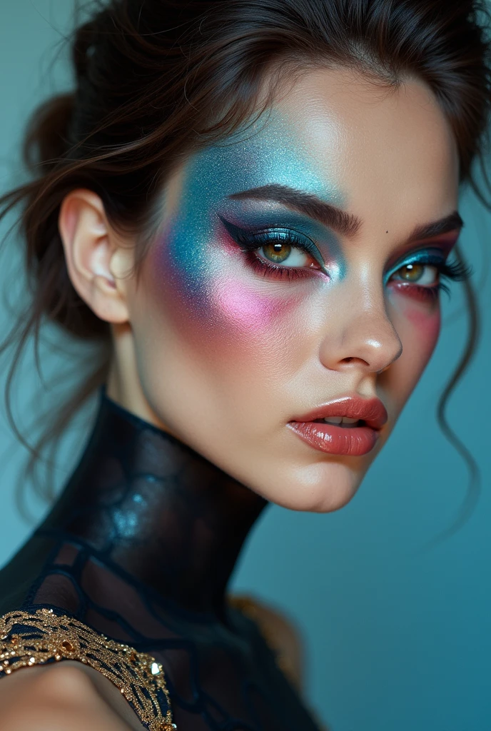 Create an editorial makeup look with glitter pigments but still elegant, with creative lines that are worthy of winning a prize 