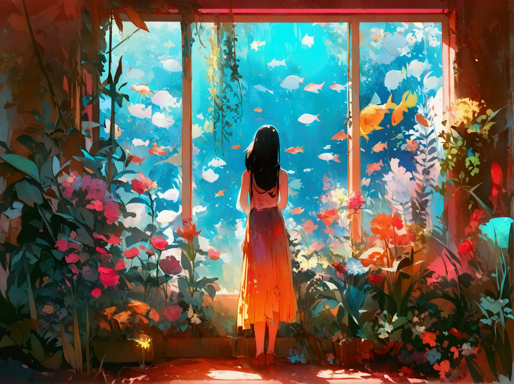 Woman standing in a room with a window with lots of flowers and plants ,  There are lots of colorful tropical fish swimming in the water outside the window、🌺 CGSociety,  by Mike Winkelman ,  dreamy digital paint ,  Beeple and Jeremiah Kettner ,  Colorful Digital Fantasy Art,  Fantasy Painting Style , Fantasy Art Behance, CGSociety saturated colors,  digital fantasy art ,  Brilliant Fantasy Style , Dreamy surrealism