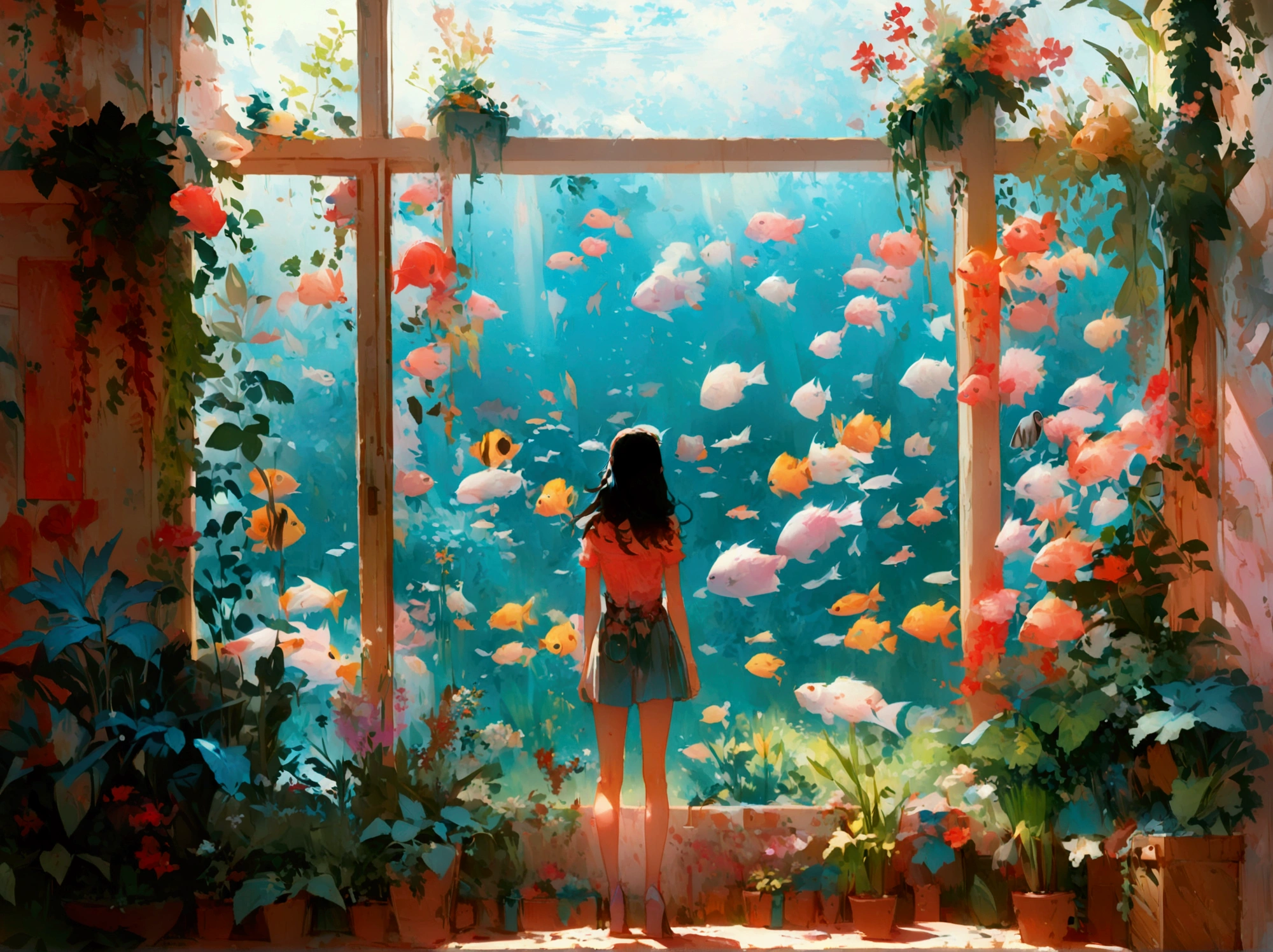 Woman standing in a room with a window with lots of flowers and plants ,  There are lots of colorful tropical fish swimming in the water outside the window、🌺 CGSociety,  by Mike Winkelman ,  dreamy digital paint ,  Beeple and Jeremiah Kettner ,  Colorful Digital Fantasy Art,  Fantasy Painting Style , Fantasy Art Behance, CGSociety saturated colors,  digital fantasy art ,  Brilliant Fantasy Style , Dreamy surrealism