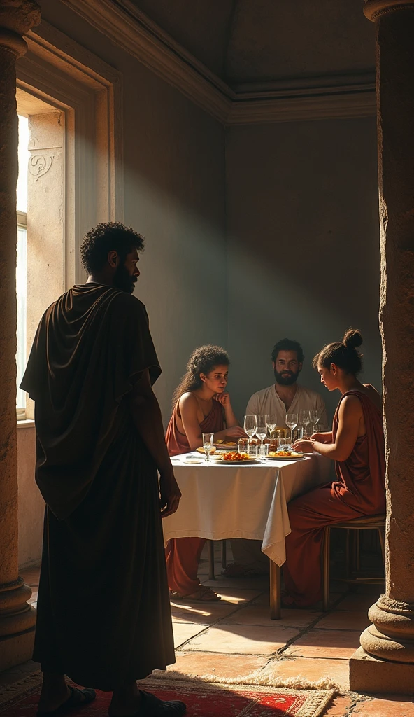 "In an intense and evocative cinematic scene, imagine a luxurious banquet in a vast outdoor space, illuminated by the soft evening light. At the head of the table, richly decorated with opulent plates and crystal glasses, a man with a serene and confident expression sits, surrounded by an atmosphere of peace, despite the threatening presence of shadowy figures in the background, representing their enemies. The table is surrounded by lush scenery, with mountains in the distance and a sky in shades of orange and purple. In a symbolic gesture, a benevolent figure approaches, anointing the man's head with oil, as a cup overflows, symbolizing abundance and blessings. The image captures the tension between adversity and inner peace, reflecting the profound message of divine protection and provision."