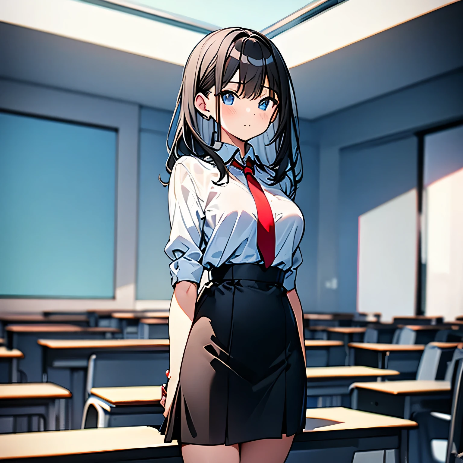 young woman black hair blue eyes white shirt red tie black skirt, socks, high heel boots standing with arms crossed inside a classroom.