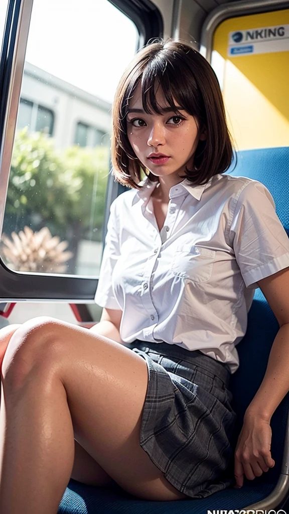 "(masterpiece, High resolution, Ultra High resolution, 4K) black hair,  japanese girl, uniform skirt, emphasize the thighs, white thighs, soft thighs, Gorgeous thighs, sitting on the train, facing angle, (angle from below),sitting on a train seat,sitting in front,Crotch zoom camera,put your feet on the floor of the train,whole body,Looking down and sleepy,only looking at the viewer", highest quality, 超High resolution, (realistic:1.4),, High resolution, detailed, RAW photo, Shapuri, Nikon D850 Film Stock Photo by Lee Jeffries 4 Kodak Portra 400 Camera F1.6 lenses Rich colors Ultra-realistic and vibrant textures Dramatic lighting Unreal Engine Art Station Trend CineStill 800,