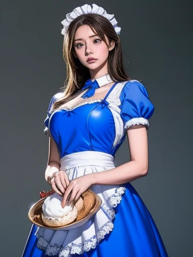 Animation of a woman in a blue dress holding a tray of cakes, (   waitress   )  girl, Favorite character , change in dress, change, Gyro Zeppeli, anime  girl in a maid costume,   Alice in Wonderland  , Maid uniform,  Long dress with apron , From desire,   Ikemura Rieko  , Anime Princess