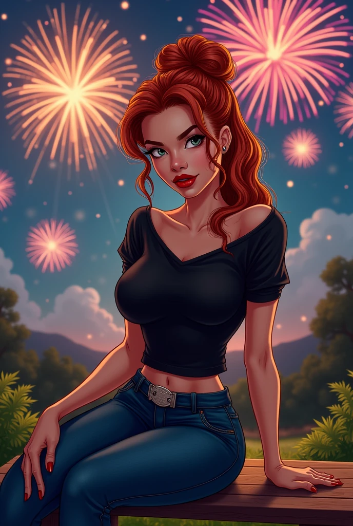 perfect face, perfect hands. A red haired woman with red eyes with an hourglass figure in a cute tank top and shorts is watching fireworks on the dock with a big smile.