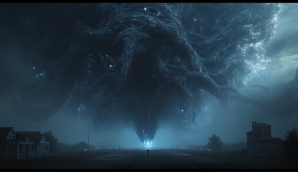 A dark, swirling cosmic entity made up of eyes, stars, and shadowy tendrils, looming over a small town, its presence creating a sense of dread and incomprehension