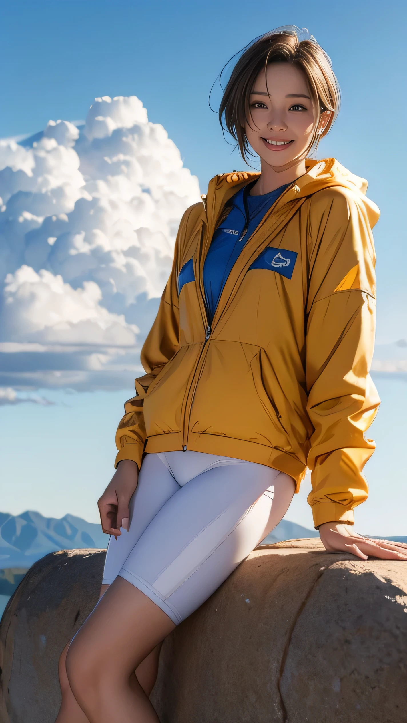  (girl, , Same height :1.2) ,masterpiece，Mountain Bike，Cycling enthusiasts，beautiful girl，Professional clothing，Blue sky and white clouds，8K,  日本のgirl  (Smile:0.7), Smile,  Very short hair , Camel toe, (High color saturation:1.0),  (The skin is very delicate), (best quality:1.0), (Ultra-high resolution:1.0) ,(Practical:1.0), (Very detailed:1.0),8K, original photo:1.1)