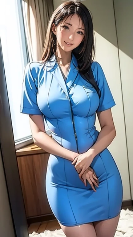   there is a nurse in the hospital wearing a light blue nurse uniform、Beautiful, long legs 、Blue long hair、  thin waist、   blue stockings  、Smiling Kindly